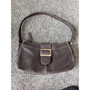 Villager Liz Claiborne Brown Pebbled Shoulder Bag Gold Buckle Contrast Stitching